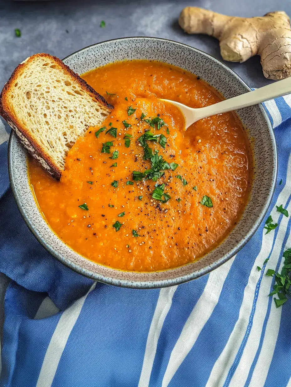 Un plato de crema de zanahoria con perejil fresco y pan tostado, al lado de un trozo de jengibre sobre un paño rayado.