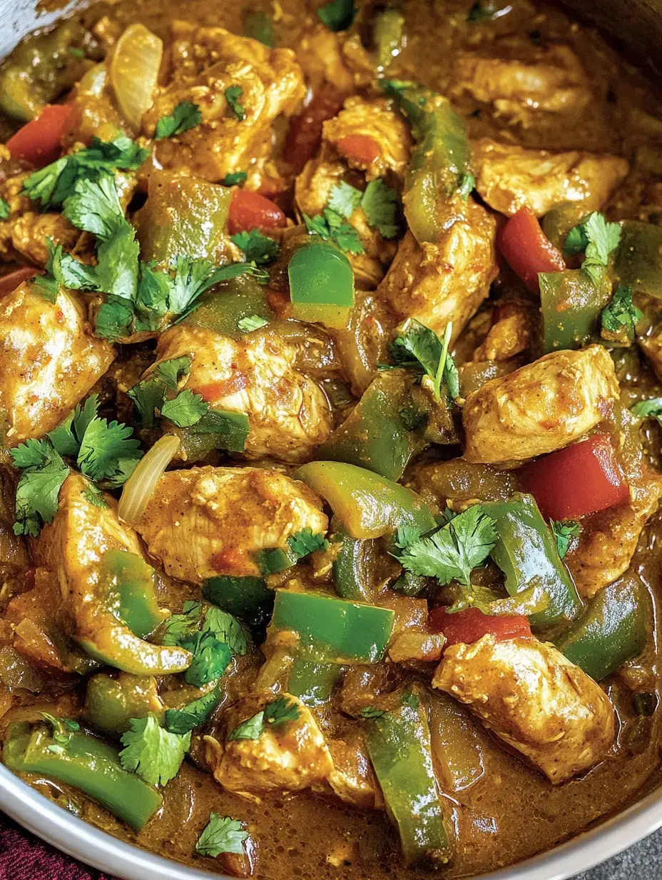 Un plato abundante de pollo con pimientos verdes y rojos, adornado con cilantro fresco en una salsa especiada.