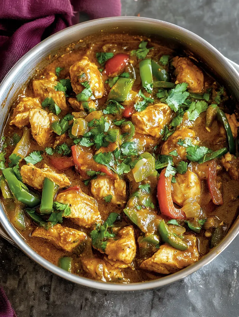 Una olla con trozos de pollo en salsa aromática, adornada con pimientos verdes y rojos y cilantro fresco.