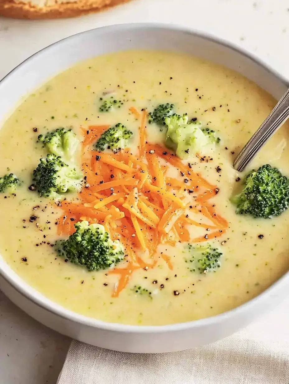 Un tazón con sopa cremosa de brócoli y queso, adornada con zanahoria rallada fresca y pimienta negra.