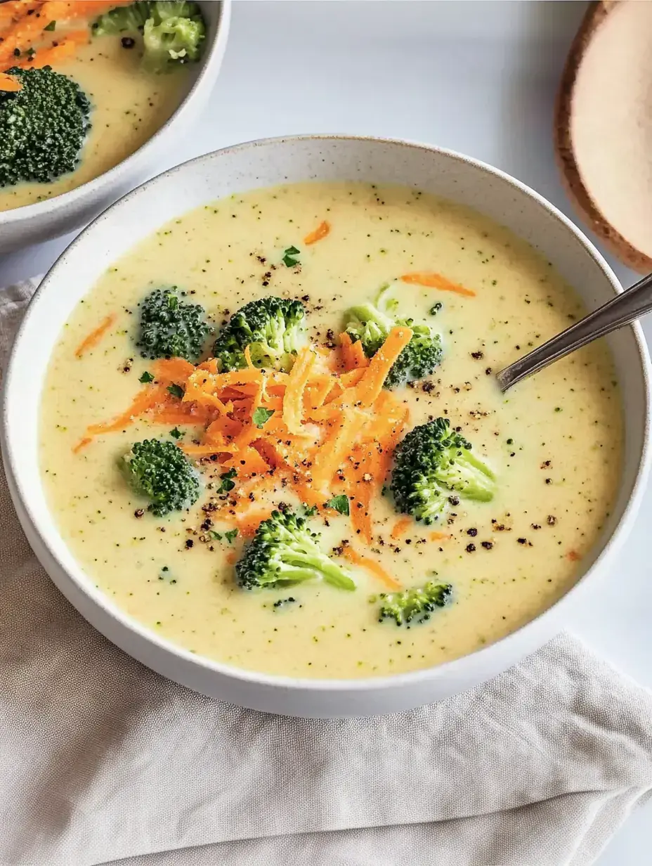 Un tazón de sopa de brócoli y zanahoria con zanahorias ralladas, flores de brócoli y pimienta sobre una superficie clara.