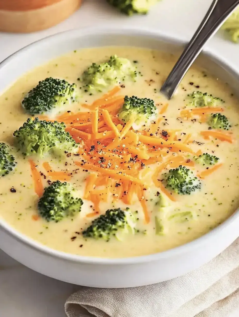 Un tazón de sopa cremosa de brócoli y queso con ramilletes de brócoli y queso rallado, decorada con pimienta.