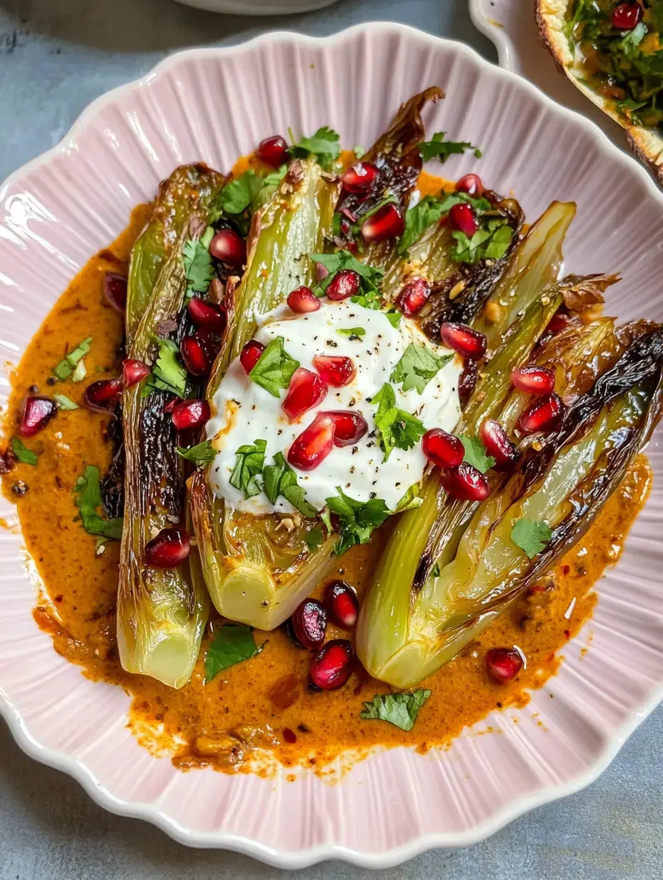 Un plato con verduras asadas, decorado con yogur, granos de granada y hierbas frescas en una salsa especiada.