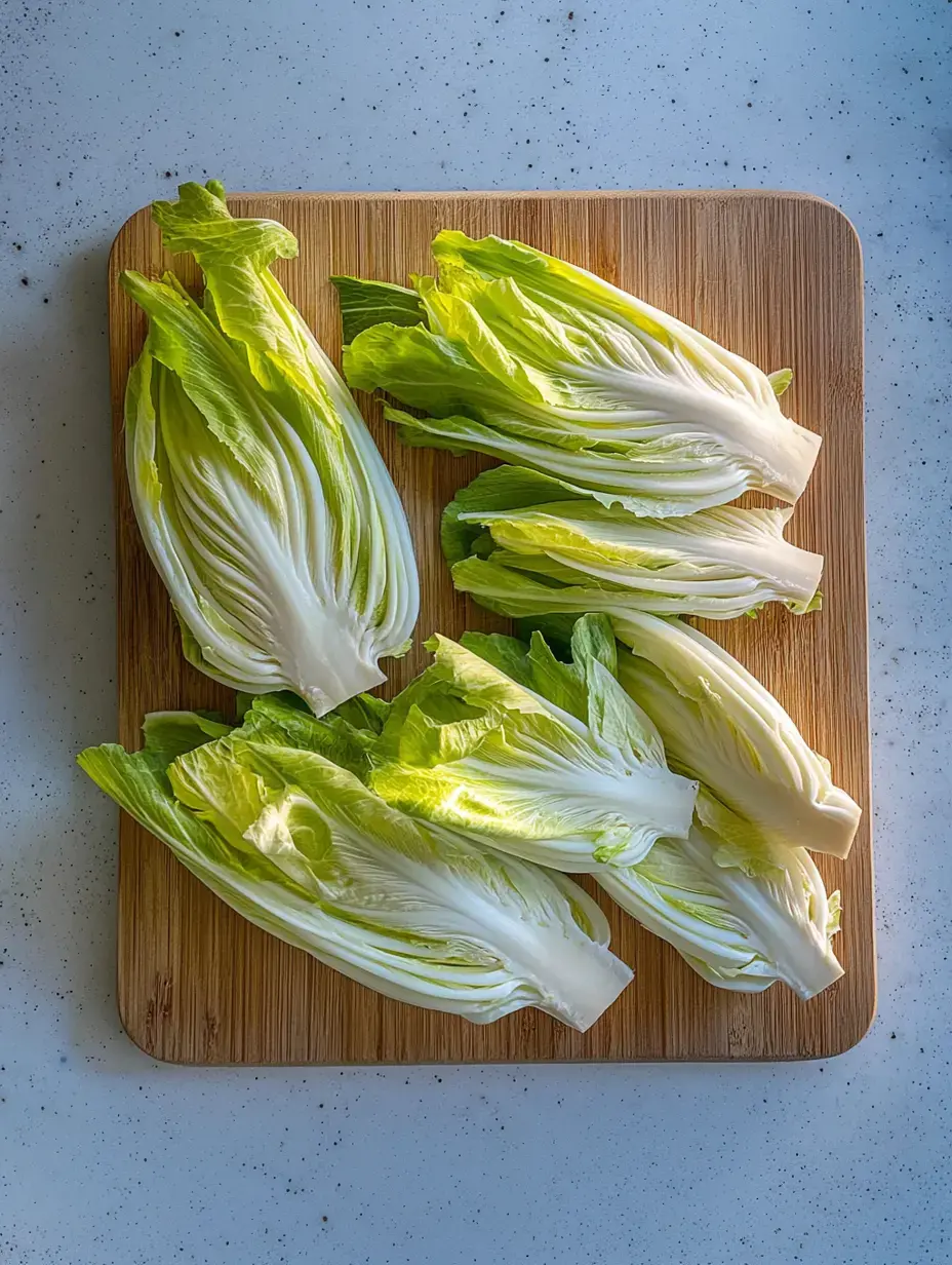 Sobre una tabla de madera hay varias mitades de pak choi con hojas verdes y frescas.