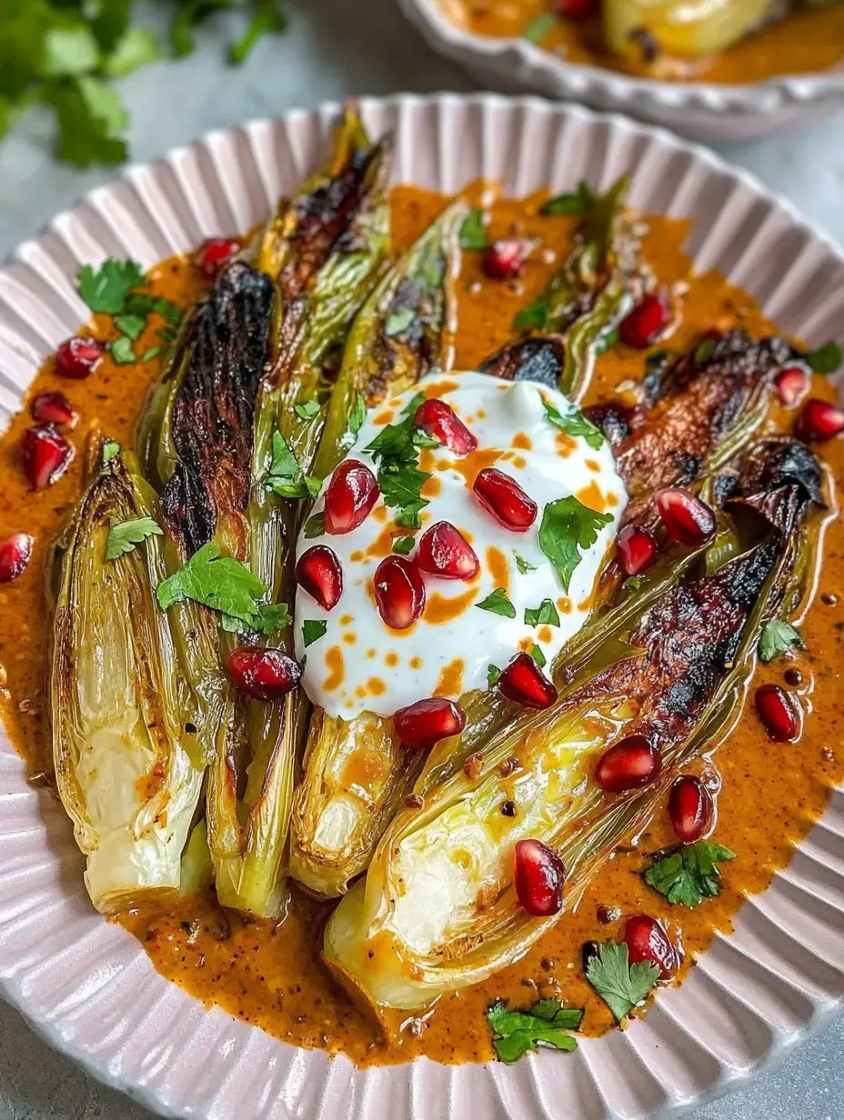 Un plato con verduras a la parrilla, bañadas en salsa cremosa, decorado con granos de granada y hojas frescas de cilantro.