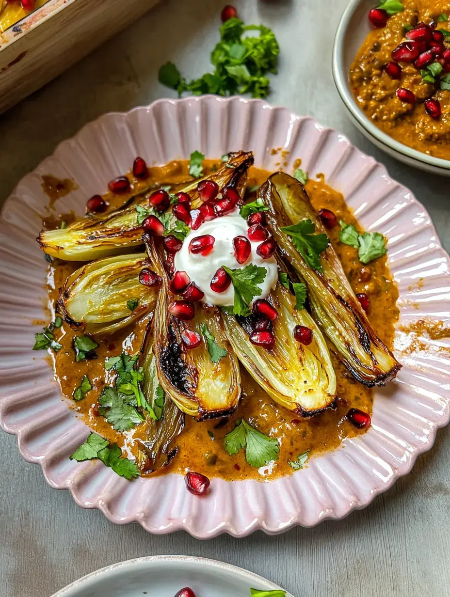 Un plato rosa con verduras a la parrilla artísticamente presentadas, decoradas con yogur, granos de granada y cilantro fresco.