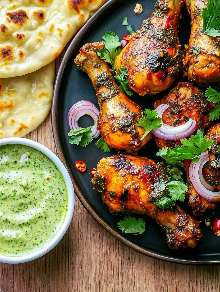 Un plato con muslos de pollo a la parrilla, adornados con cilantro fresco y cebollas, junto a dos panes naan y un bol con salsa verde.