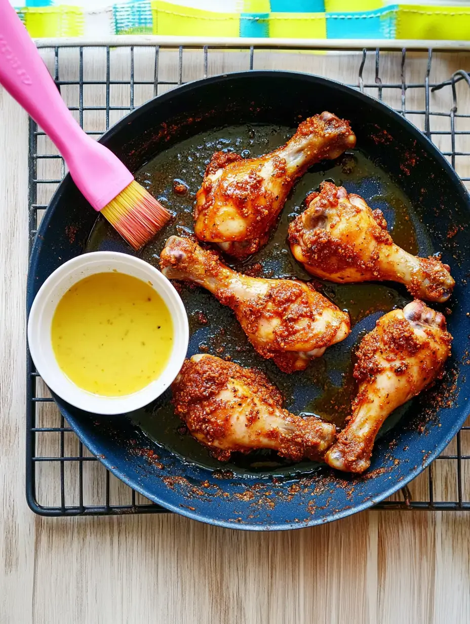 Un plato con muslos de pollo especiados y un pequeño bol con salsa, junto a un pincel.
