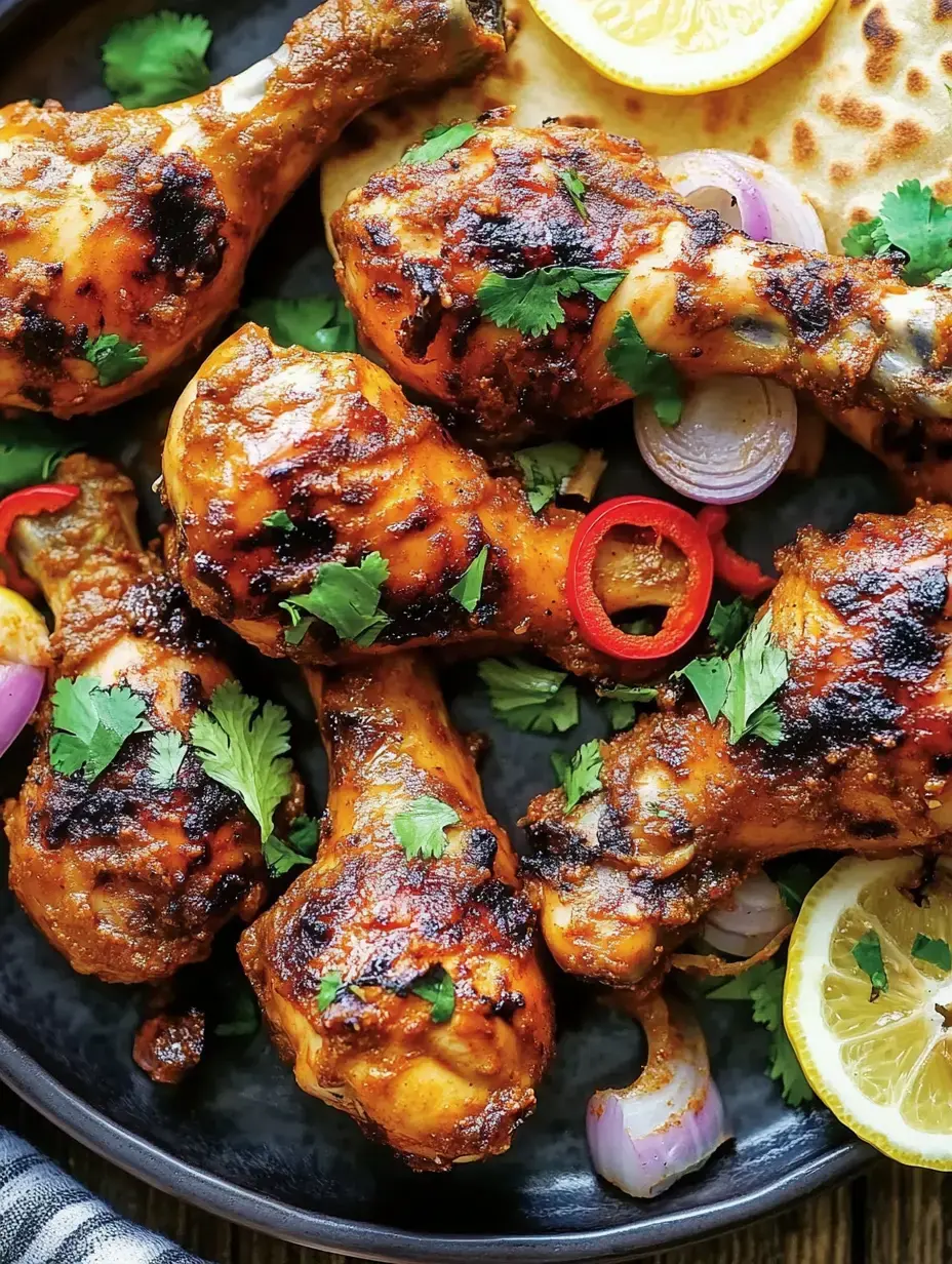 Un plato con muslos de pollo a la parrilla, adornados con cilantro, cebollas y chiles rojos, junto a una rodaja de limón y un pan plano.