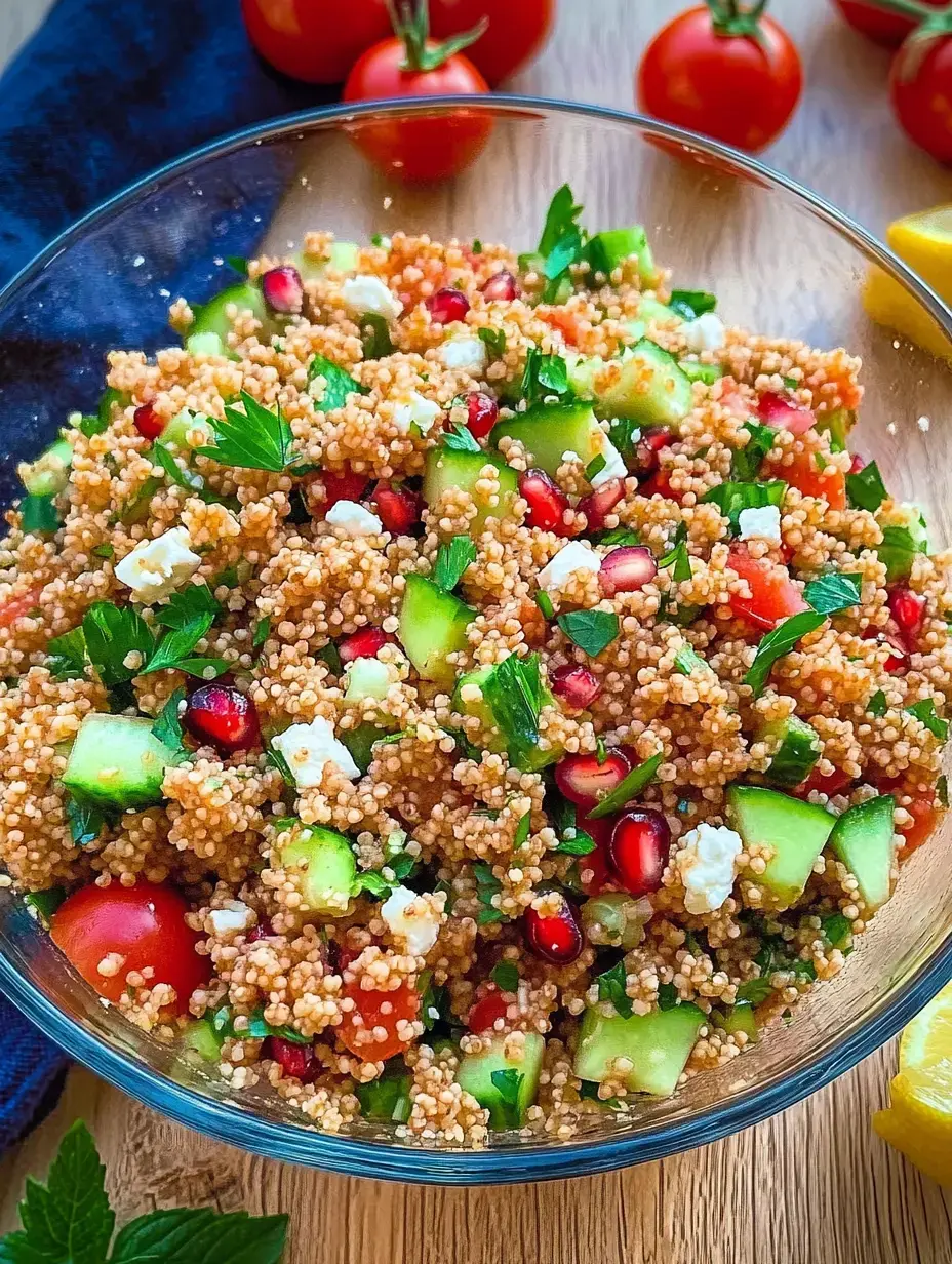 Una colorida ensalada de cuscús con tomates, pepinos, granos de granada, menta y queso feta, servida en un recipiente de cristal.