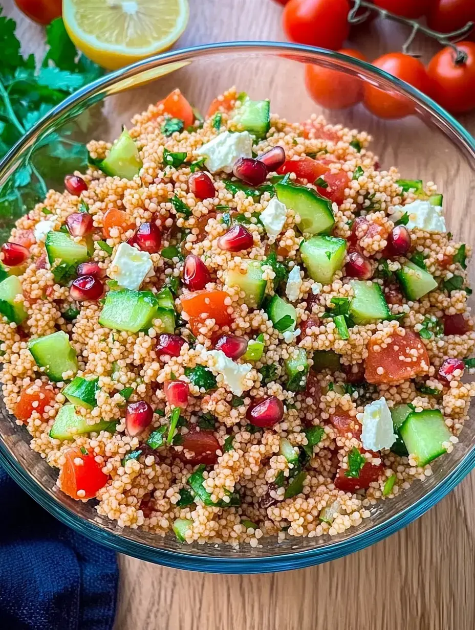 Una colorida ensalada de quinoa, pepinos, tomates, semillas de granada y un toque de queso feta en un bol de cristal.