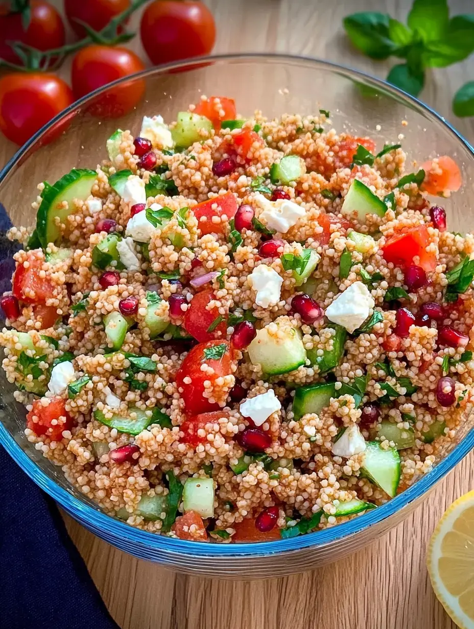 Una colorida ensalada de cuscús con tomates, pepinos, semillas de granada y queso feta en un bol de cristal.