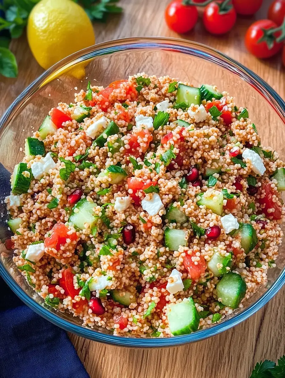 Una fresca ensalada de cuscús con tomates, pepinos, queso feta y semillas de granada en un recipiente de cristal.
