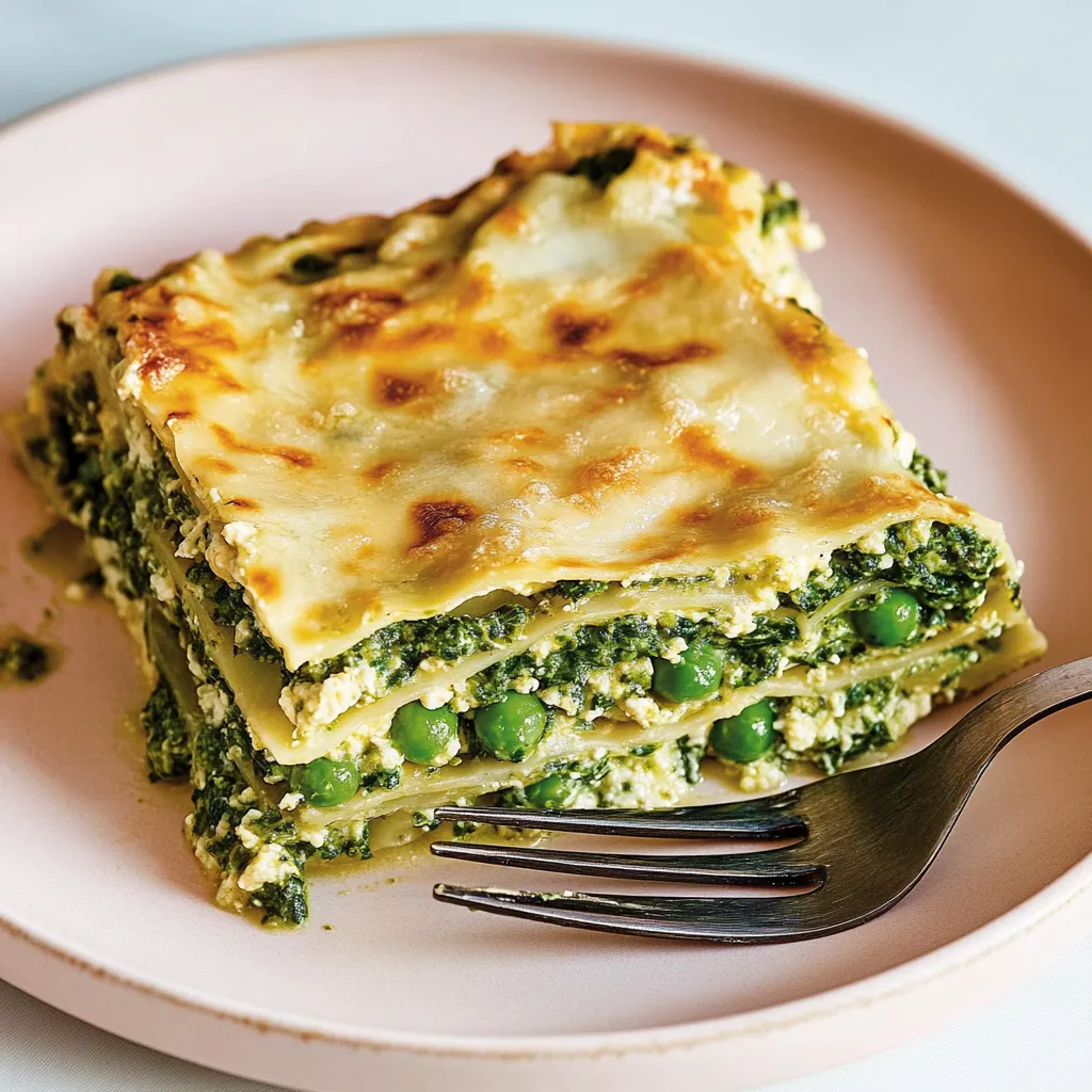 Lasaña vegana verde con pesto de guisantes y bechamel