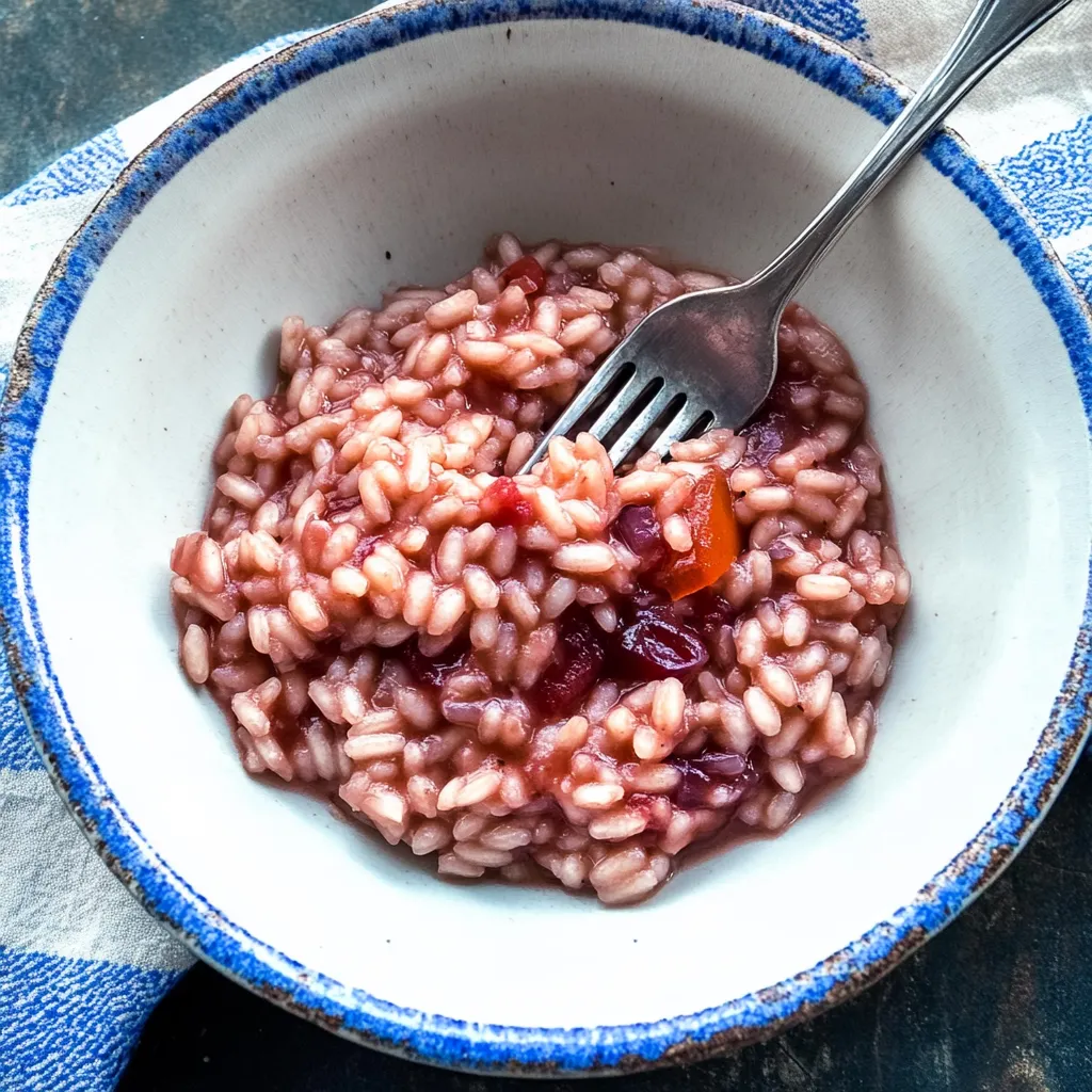 Risotto con vino tinto y cebollas caramelizadas