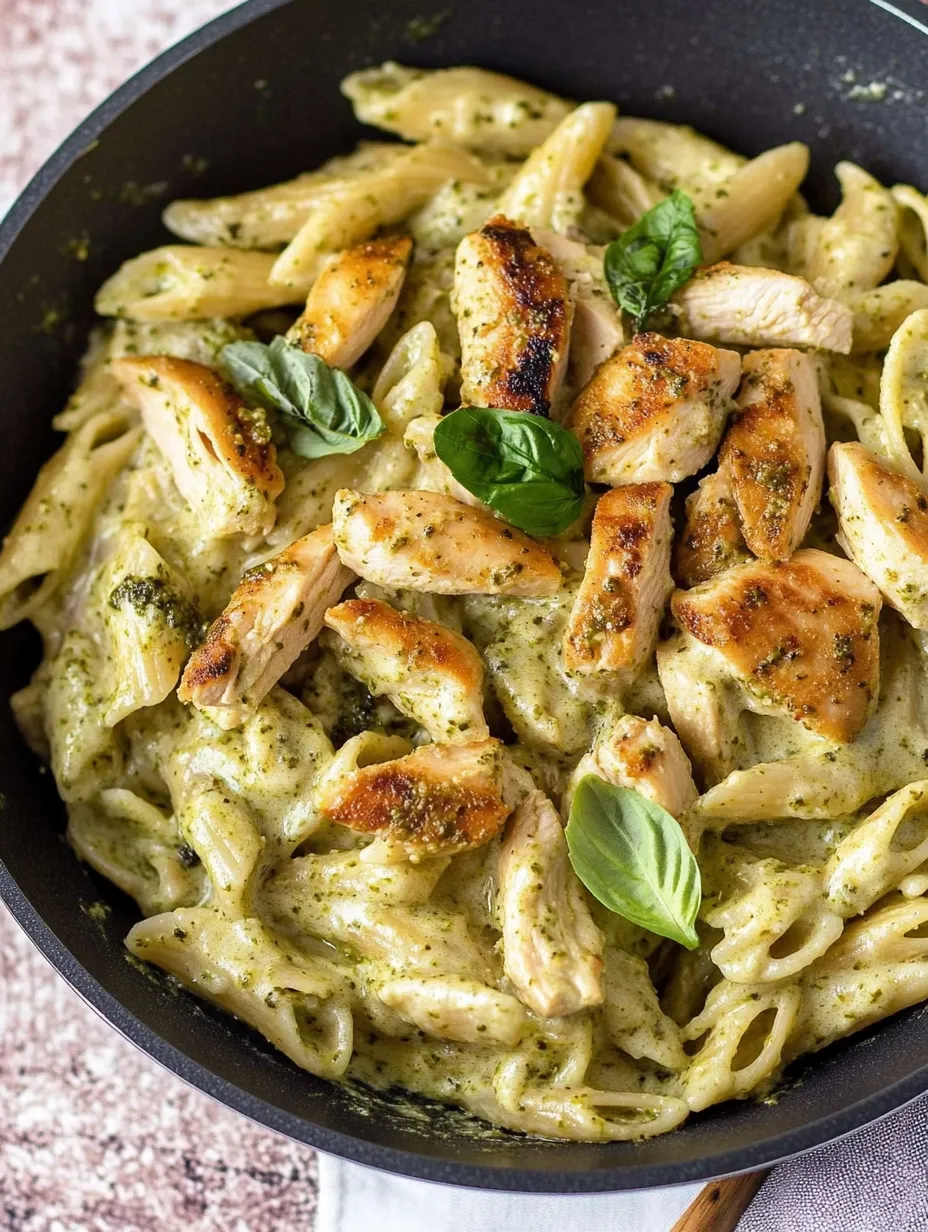 Pasta cremosa con pollo y pesto hecha en casa