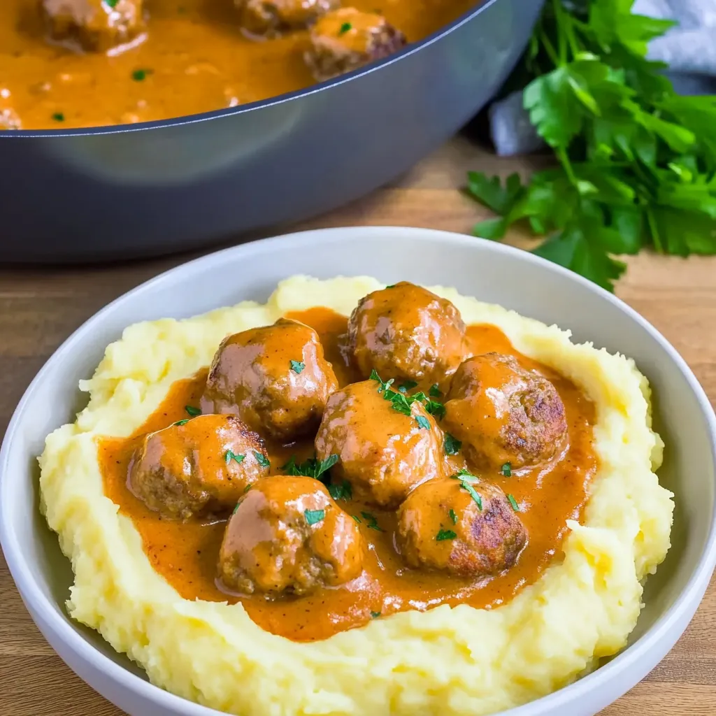 Jugosas albóndigas en salsa cremosa con puré de papa