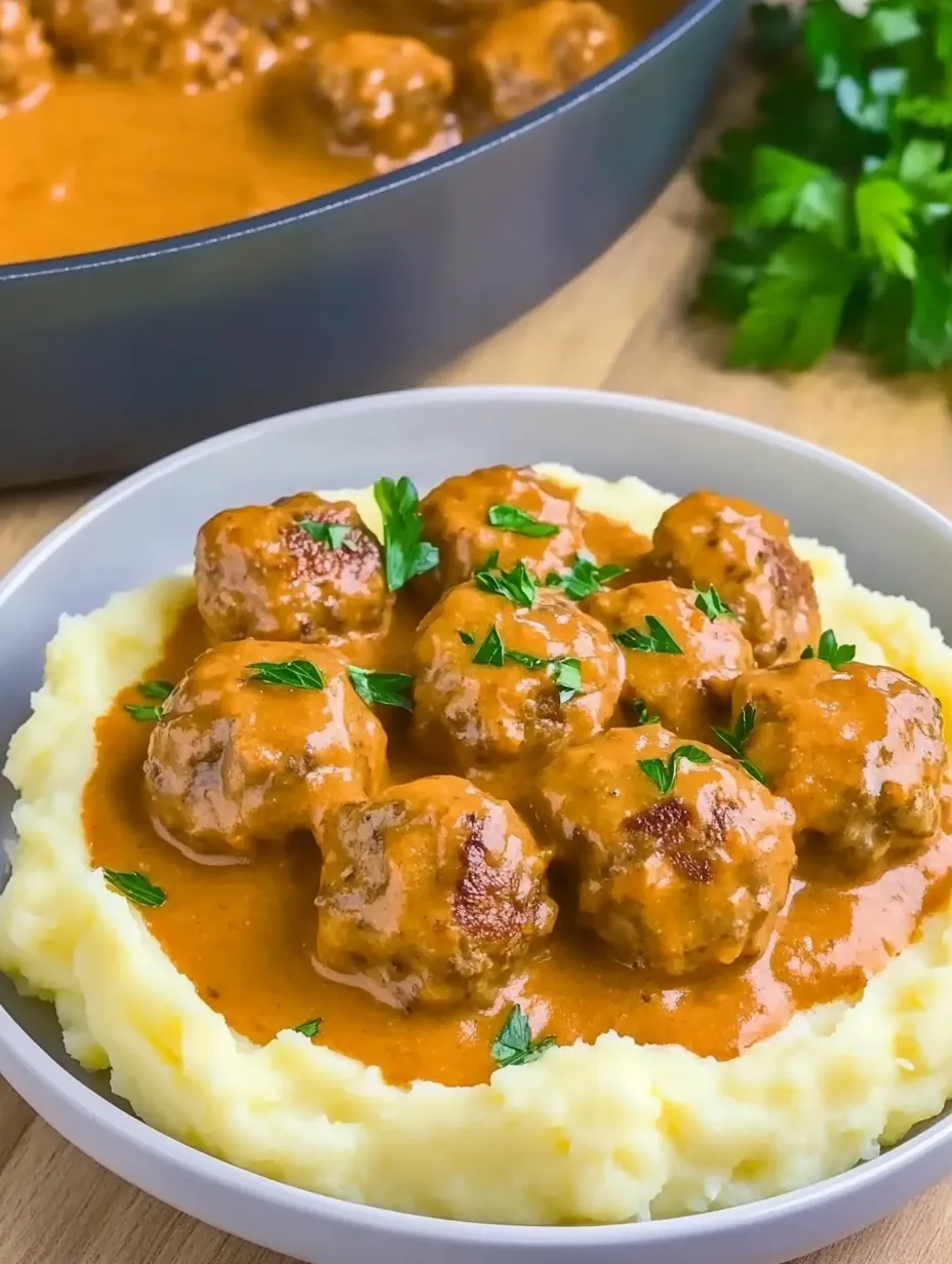 Sabrosas albóndigas en salsa cremosa sobre puré de patata