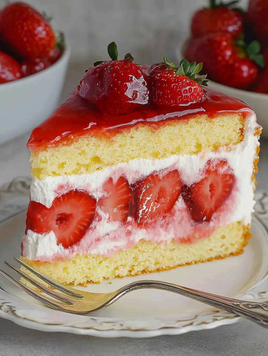 Tarta de bizcocho cremosa con fresas, queso fresco y nata