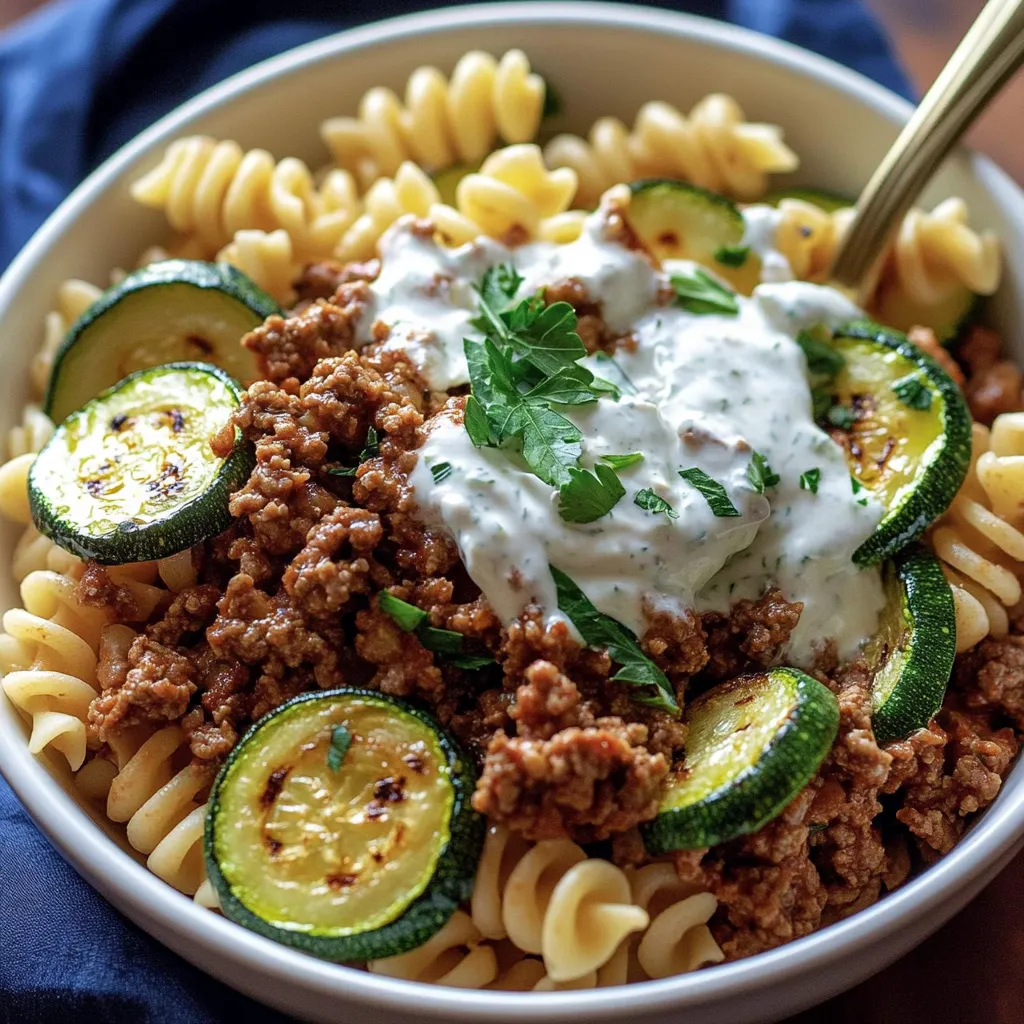 Pasta turca con carne y salsa de yogur