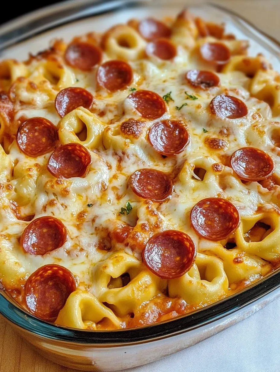 Cazuela de tortellini de queso con pepperoni y salsa de pizza