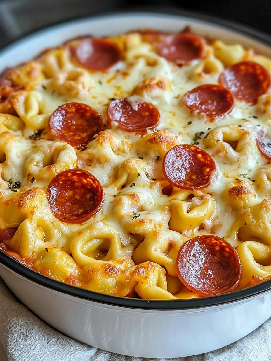 Cazuela fácil de tortellini de queso, pepperoni y salsa de pizza