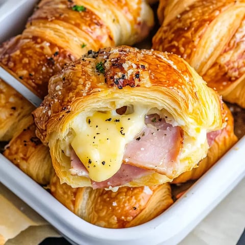 Un primer plano de una masa crujiente rellena de queso derretido y jamón, rodeada por más piezas en un plato blanco.