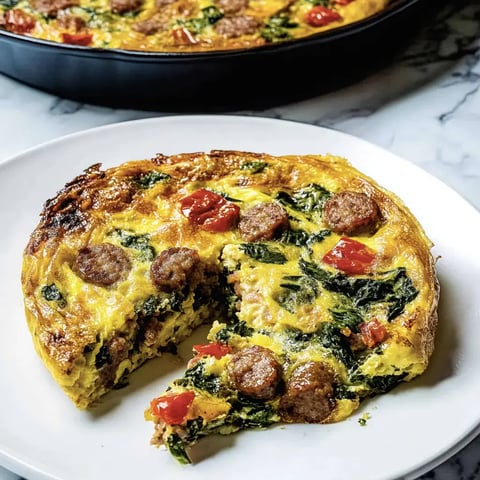 Una porción de frittata con espinaca, tomates y salchicha, servida en un plato blanco con el resto del platillo al fondo.