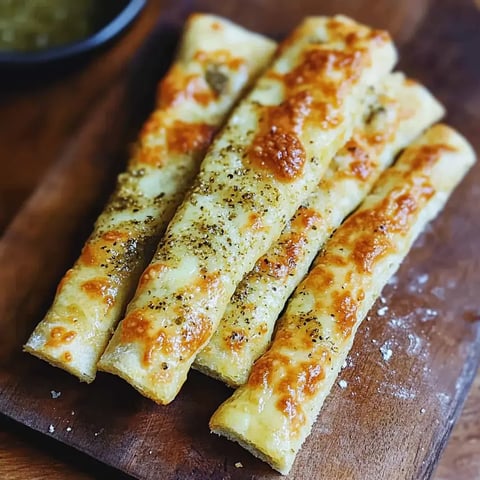 Cuatro palitos de pan dourados con queso y hierbas, sobre una tabla de madera.