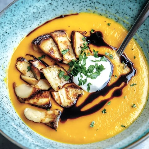 Un bol con crema de calabaza decorado con setas a la parrilla, nata ácida y un toque de reducción balsámica.